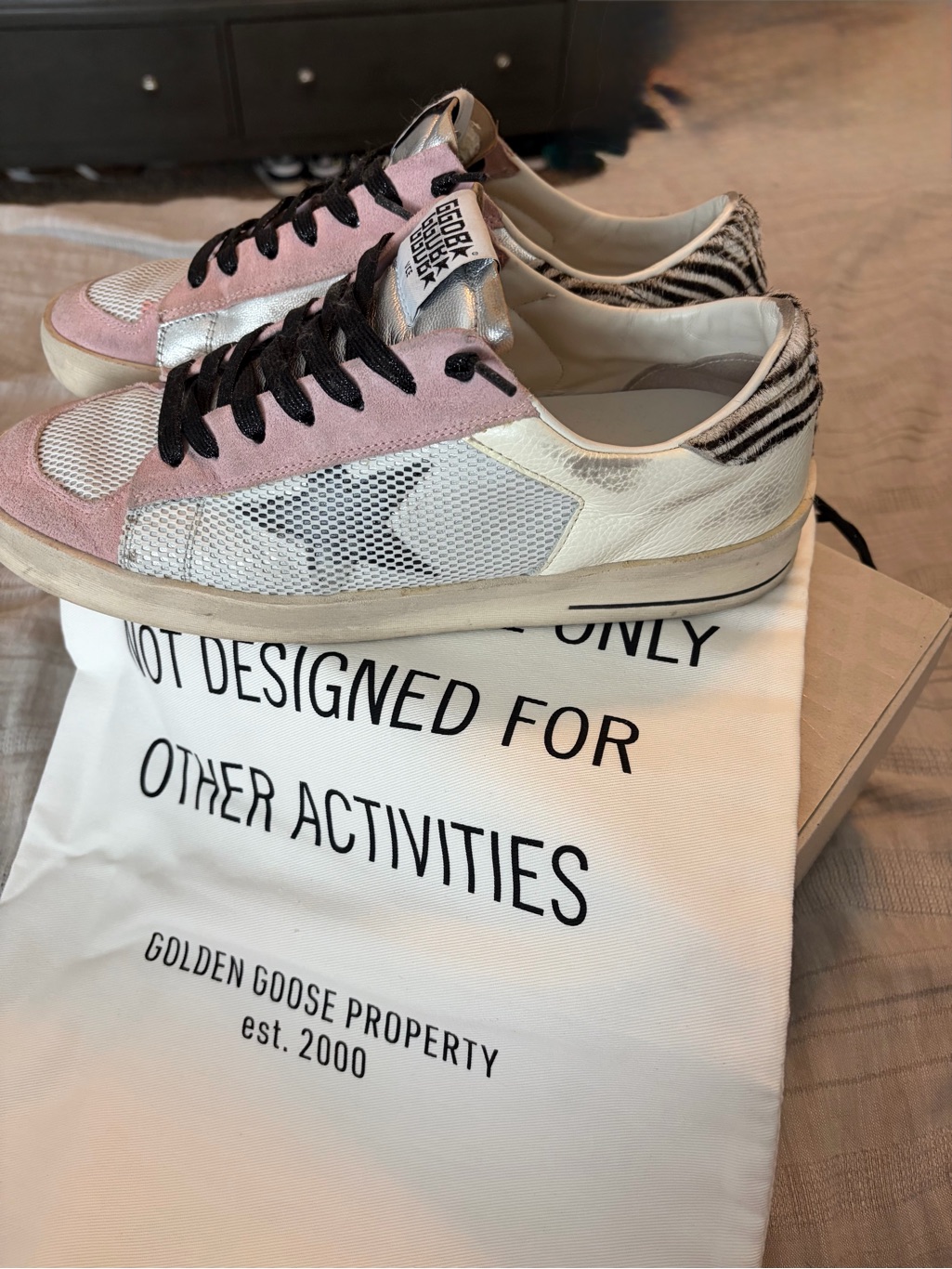 Golden Goose Women’s Stardan Pink, White & Black Zebra Heel Sneakers